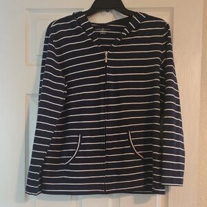 Karen Scott Dark Blue and White Striped Zip-Up Hoodie